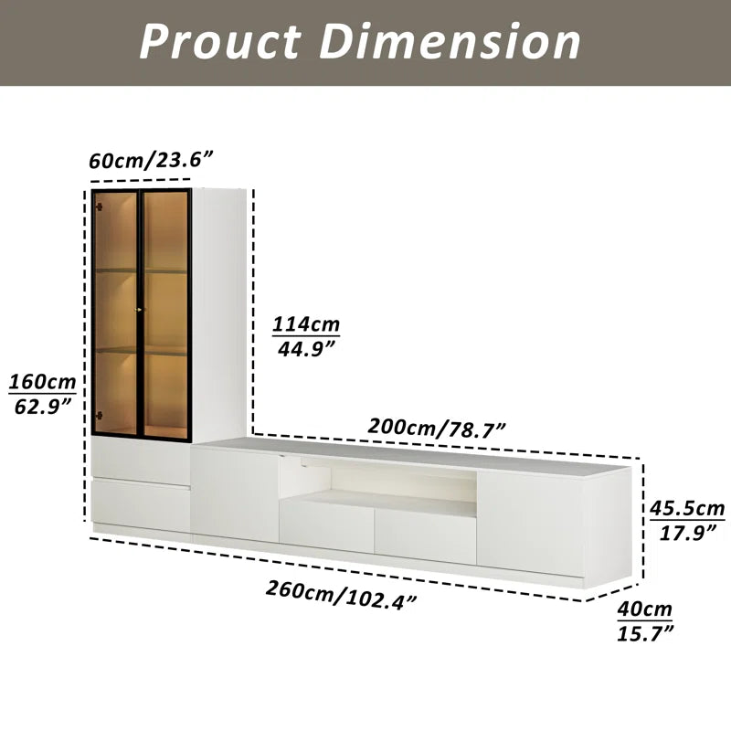 tv panel: 102" white modern entertainment set with tv panel, glass cabinet, LED lighting