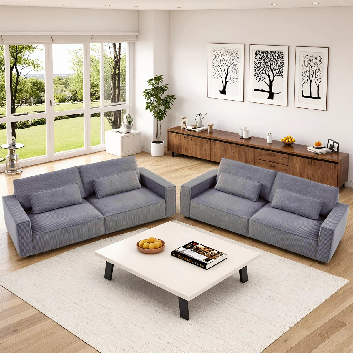 7 Seater Sofa Set: 105.5”L 2-Piece Corduroy Fabric Sofa Set