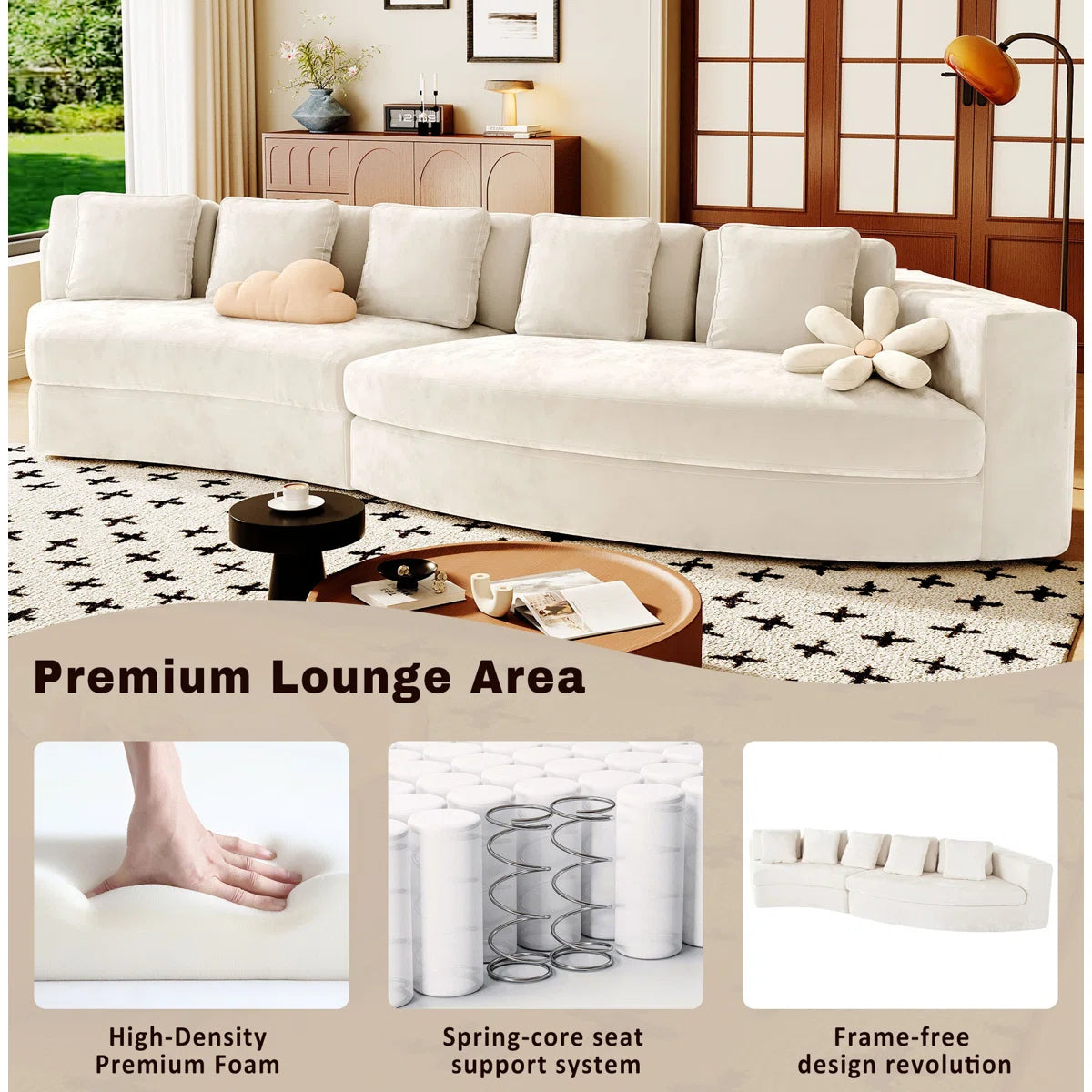 7 Seater Sofa Set: 115.7" Pure Foam Modular Curved Sofa with 5 Cushions in Chenille