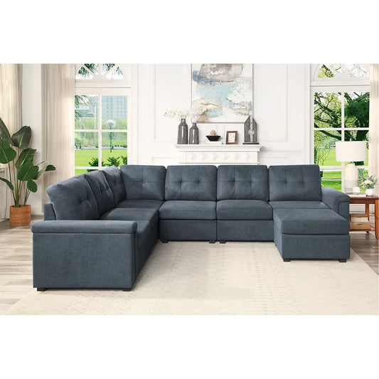 7 Seater Sofa Set: 119" Gray Woven Fabric 7-Seater Sectional Sofa