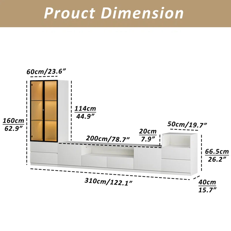 tv panel: 122" Media Console for 75" TVs with Glass and Drawer Cabinets
