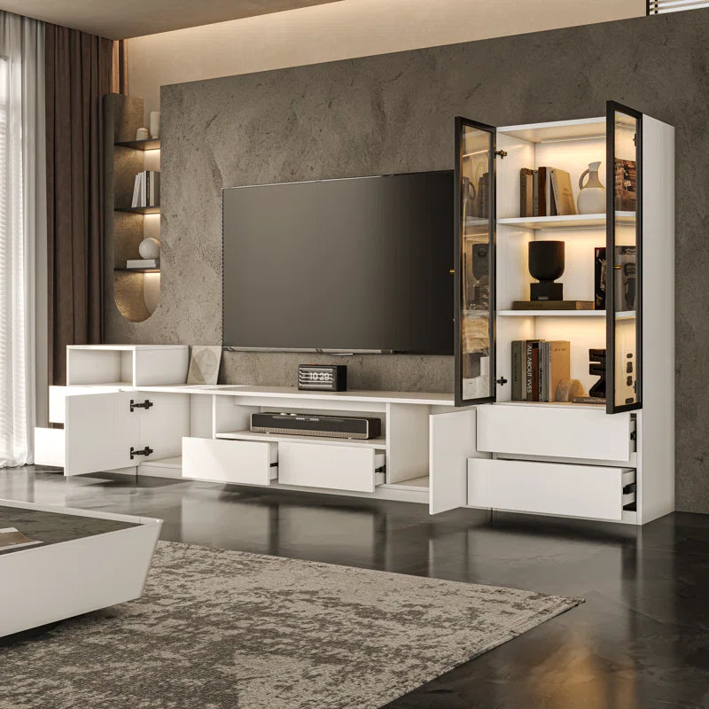 tv panel: 122" Media Console for 75" TVs with Glass and Drawer Cabinets