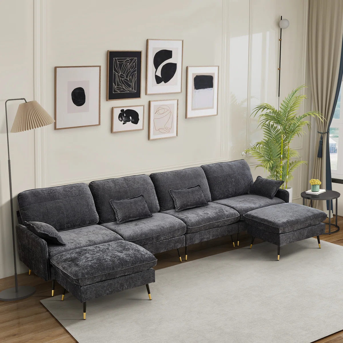 7 Seater Sofa Set: 140.5" Upholstered Modular Sectional Sofa with Chaise, 2 Ottomans & 4 Pillows