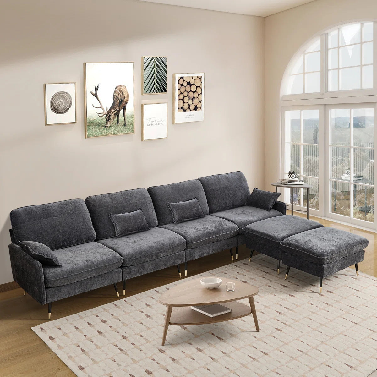 7 Seater Sofa Set: 140.5" Upholstered Modular Sectional Sofa with Chaise, 2 Ottomans & 4 Pillows