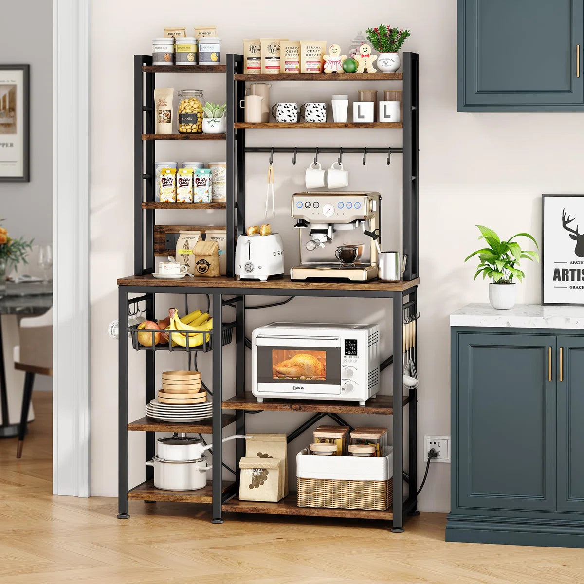 Kitchen Rack: 14 Hooks Bread Rack with Power Outlet and Storage Rack