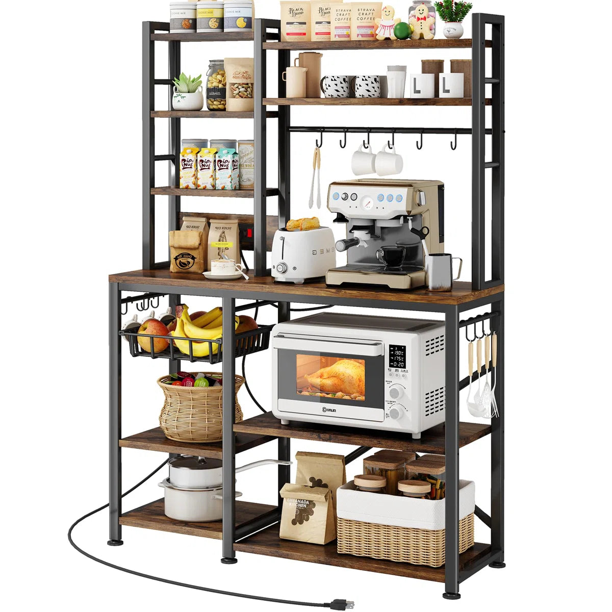 Kitchen Rack: 14 Hooks Bread Rack with Power Outlet and Storage Rack