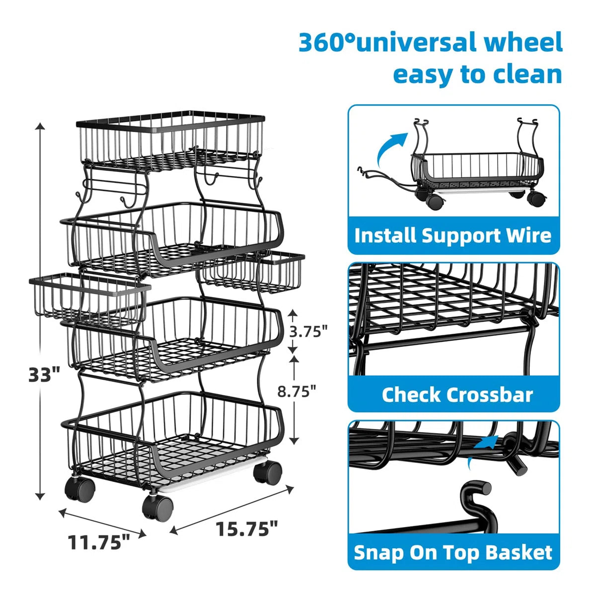 Kitchen Rack: 15.75'' W Metal Shelving Unit with Wheels