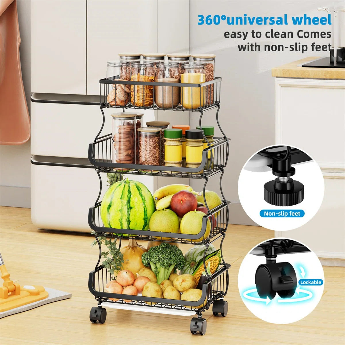Kitchen Rack: 15.75'' W Metal Shelving Unit with Wheels