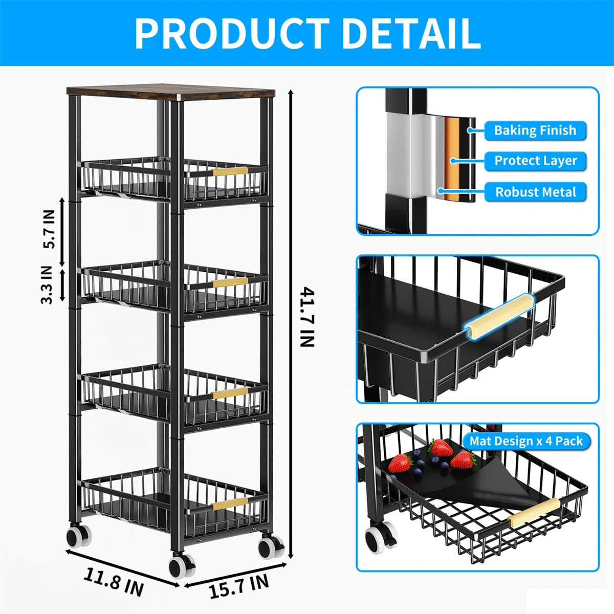 Kitchen Rack: 15.7'' W Metal Shelving Unit with Wheels