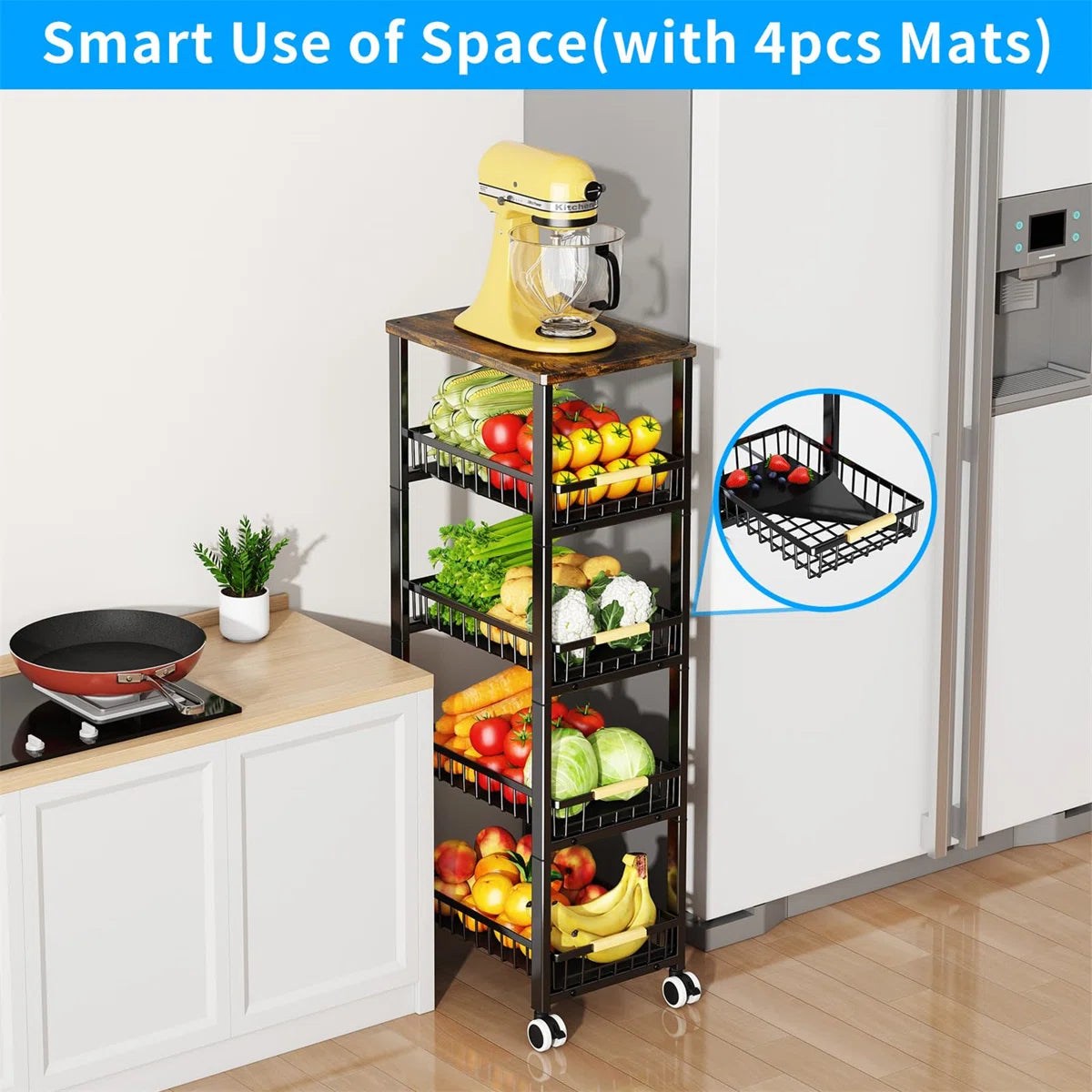 Kitchen Rack: 15.7'' W Metal Shelving Unit with Wheels