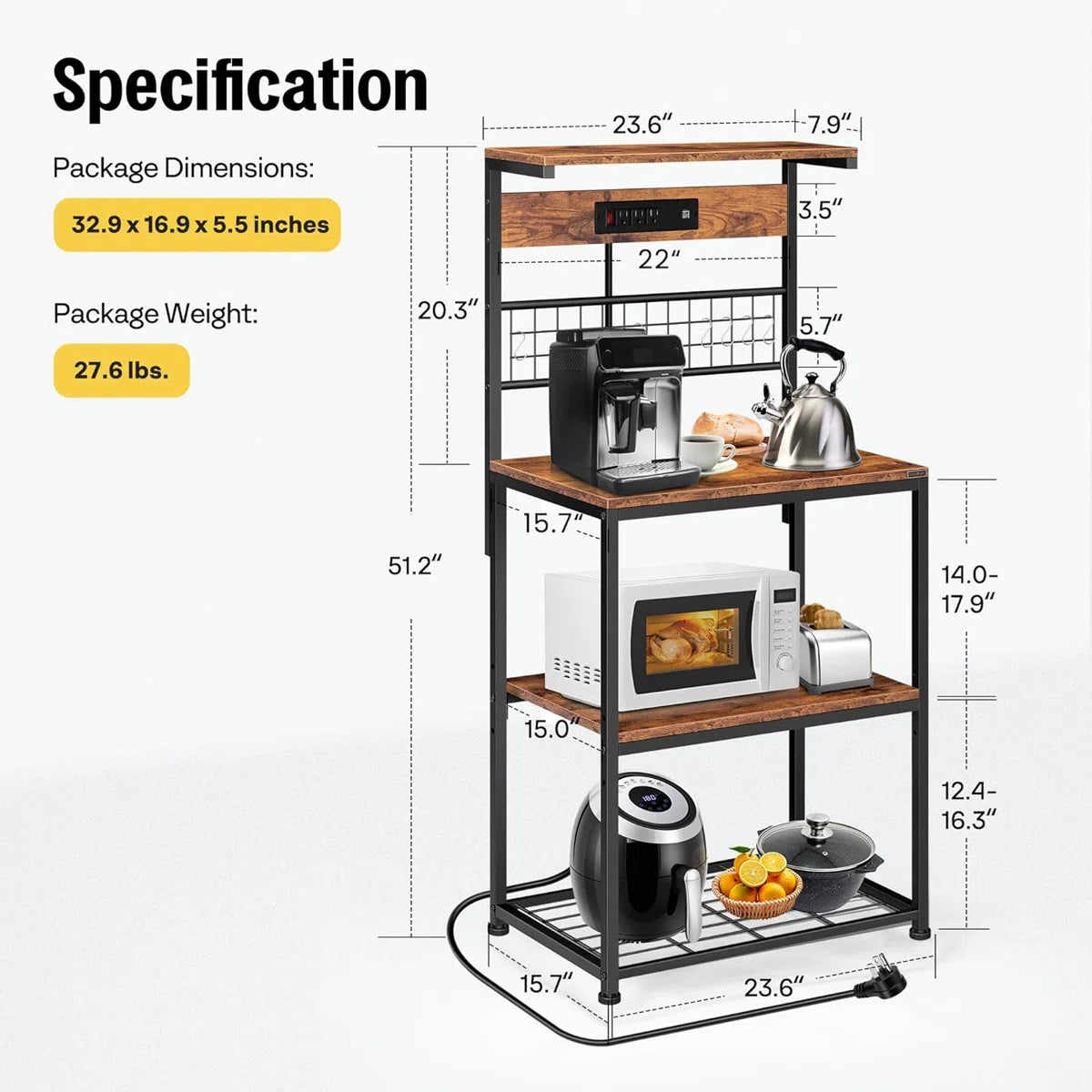 Kitchen Rack: 23.62'' Iron Standard Baker's Rack with Microwave Compatibility