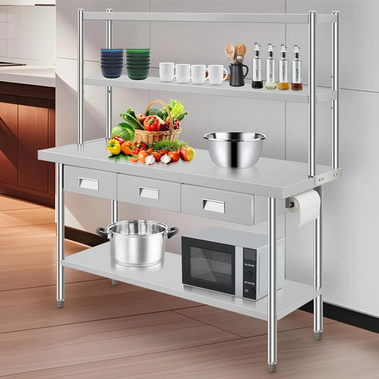 Kitchen Rack: 24'' Stainless Steel Table With Over Shelves and 3 Drawers