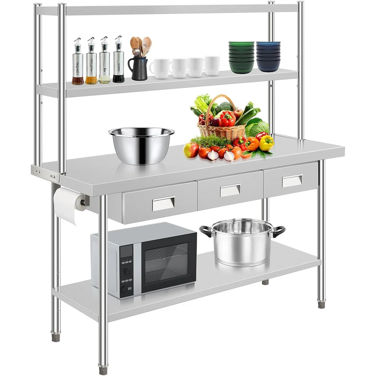 Kitchen Rack: 24'' Stainless Steel Table With Over Shelves and 3 Drawers