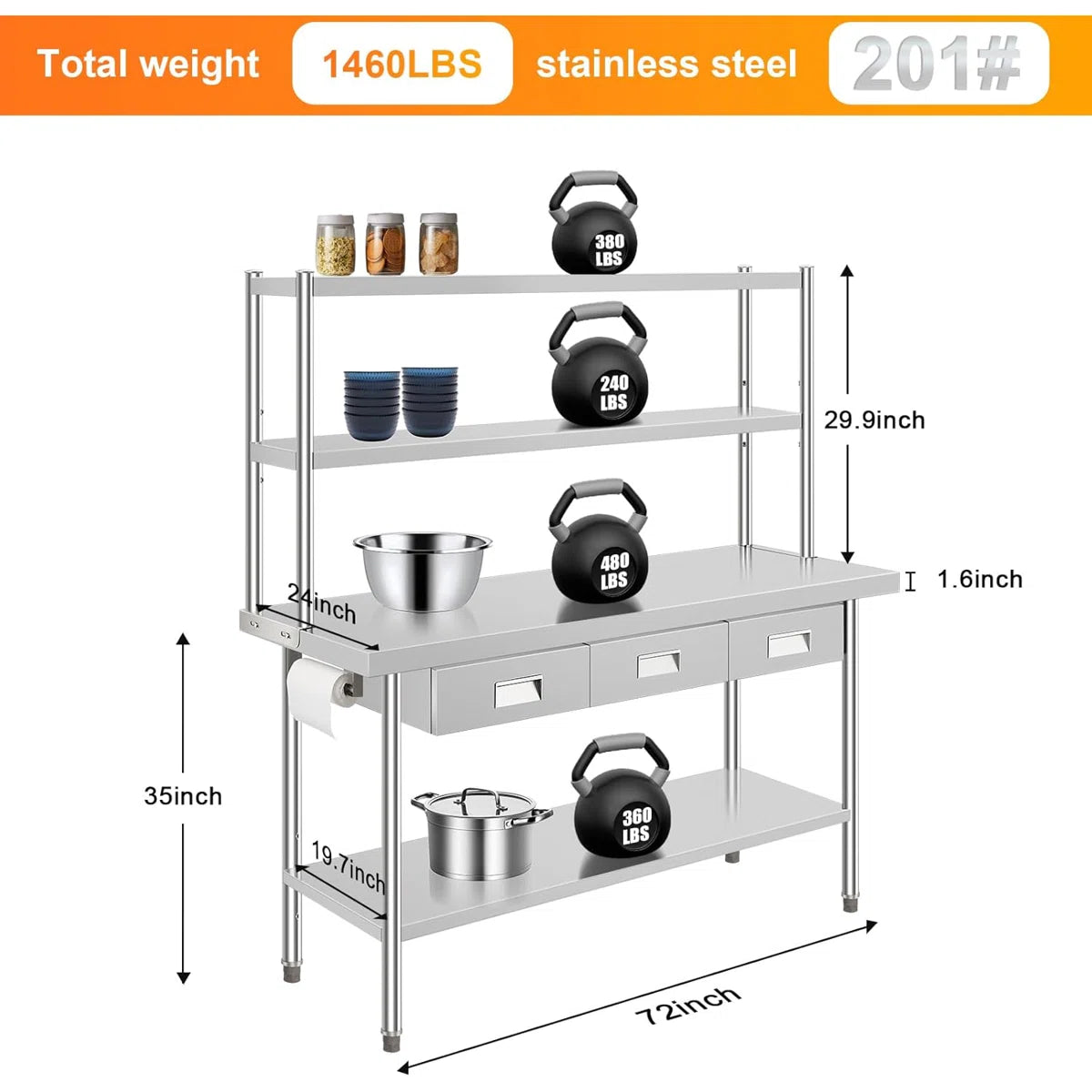 Kitchen Rack: 24'' Stainless Steel Table With Over Shelves and 3 Drawers