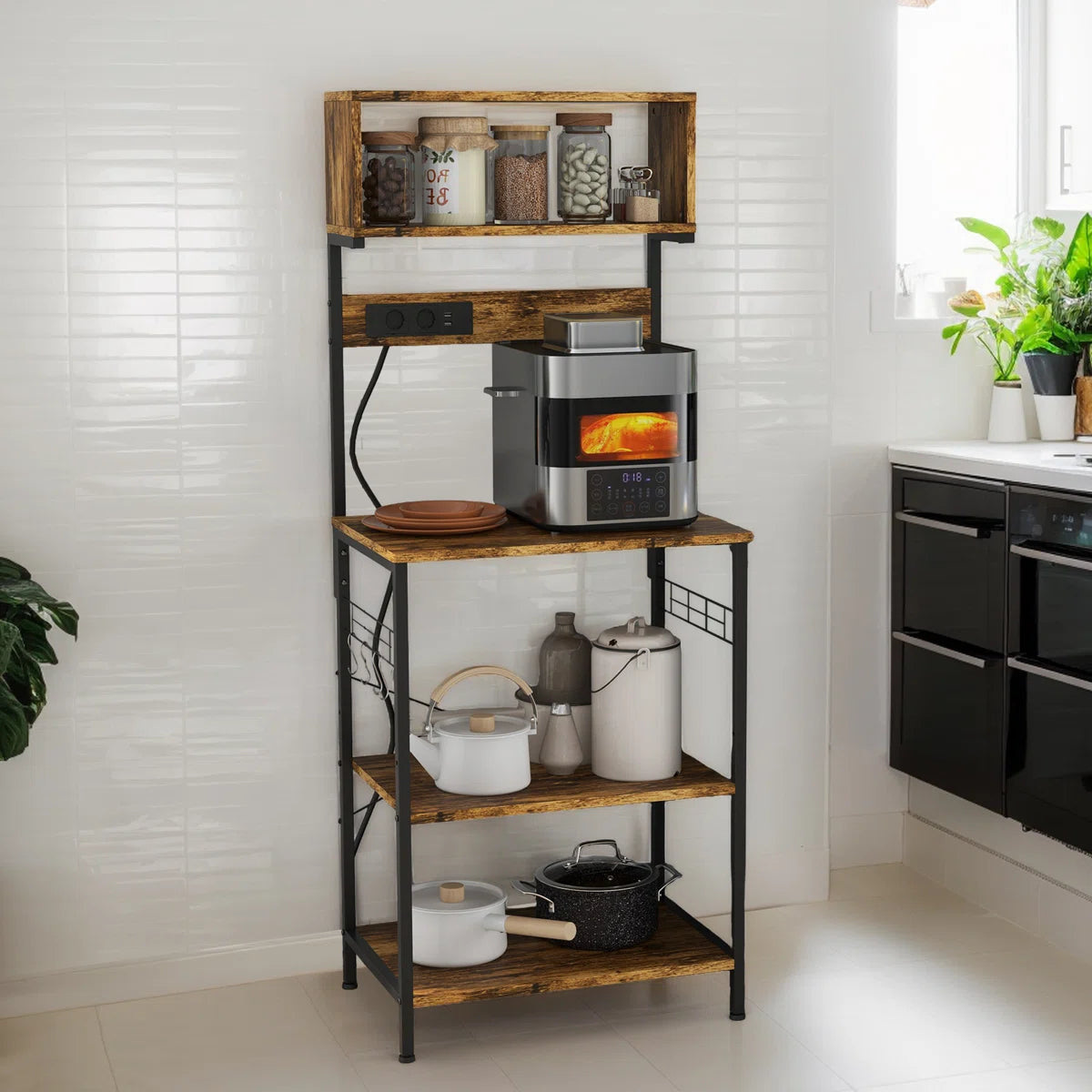 Kitchen Rack: 25.5'' Steel Standard Baker's Rack with Microwave Compatibility and Glass Holders
