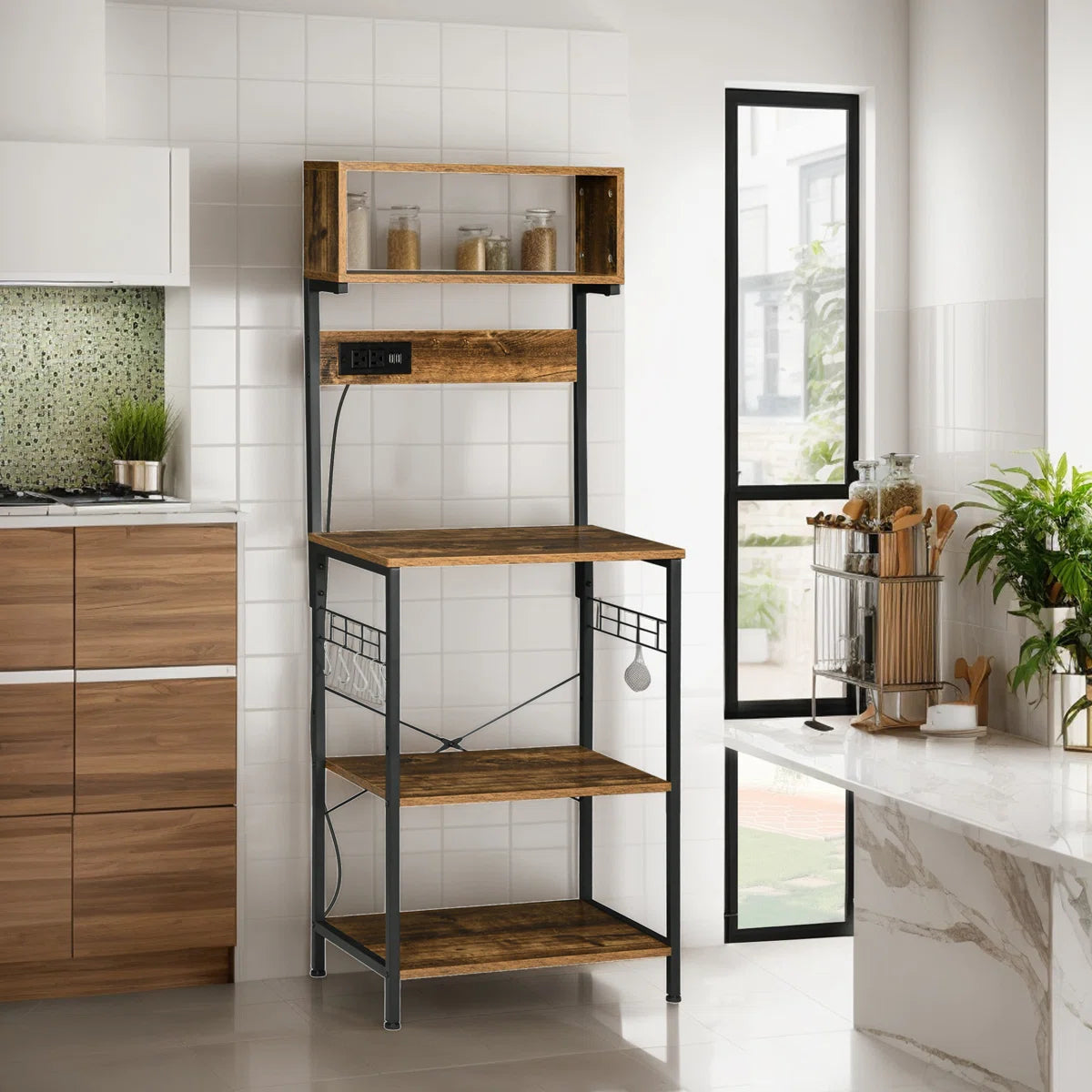 Kitchen Rack: 25.5'' Steel Standard Baker's Rack with Microwave Compatibility and Glass Holders