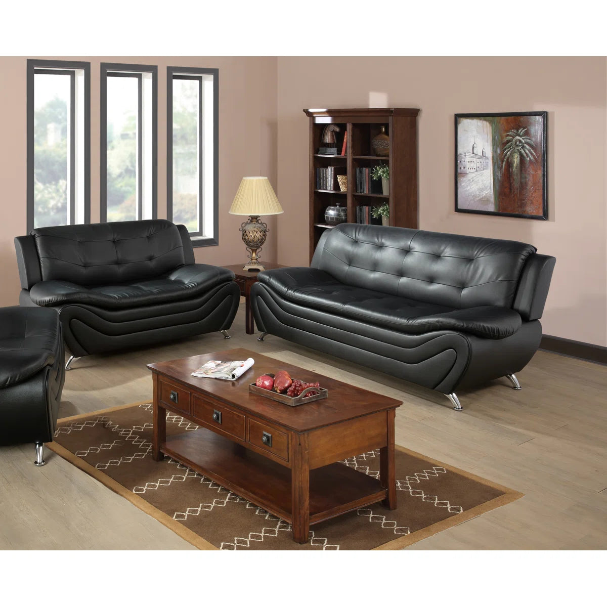 Luxury Sofa Sets: 76.5'' Wide Faux Leather 2-Piece Sofa Set with Loveseat in Black & White Finish