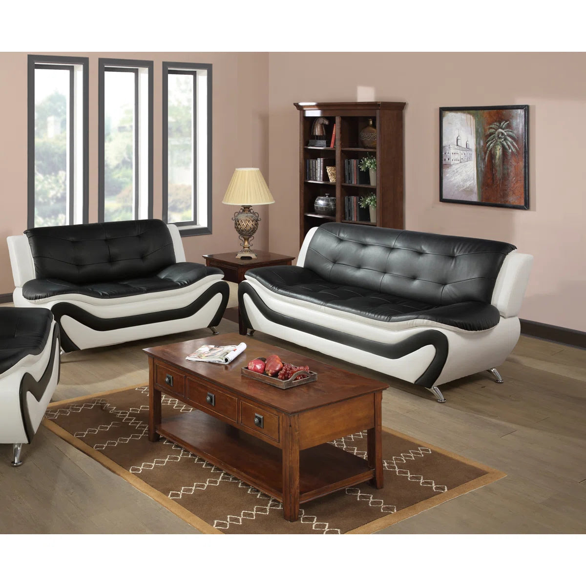 Luxury Sofa Sets: 76.5'' Wide Faux Leather 2-Piece Sofa Set with Loveseat in Black & White Finish