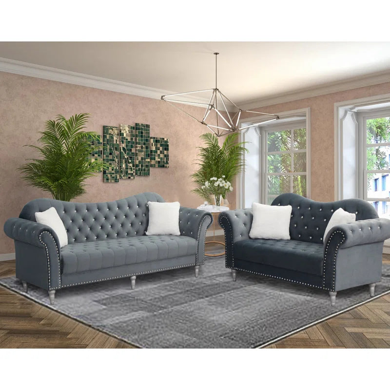 Luxury Sofa Sets: Chesterfield-Style Velvet Sofa & Loveseat Set with Nailhead Trim and Rolled Arms