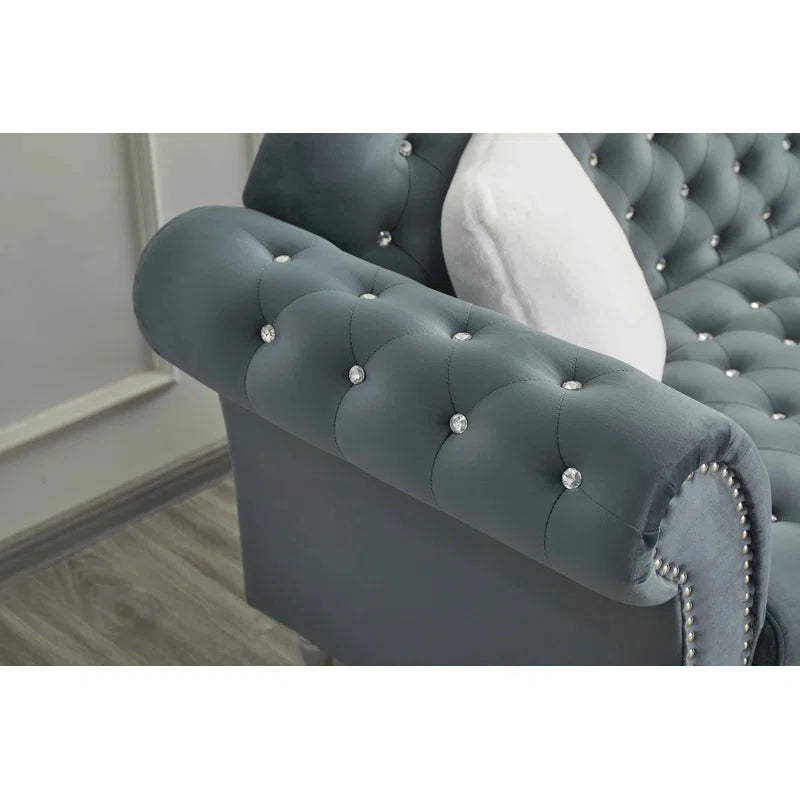 Luxury Sofa Sets: Chesterfield-Style Velvet Sofa & Loveseat Set with Nailhead Trim and Rolled Arms