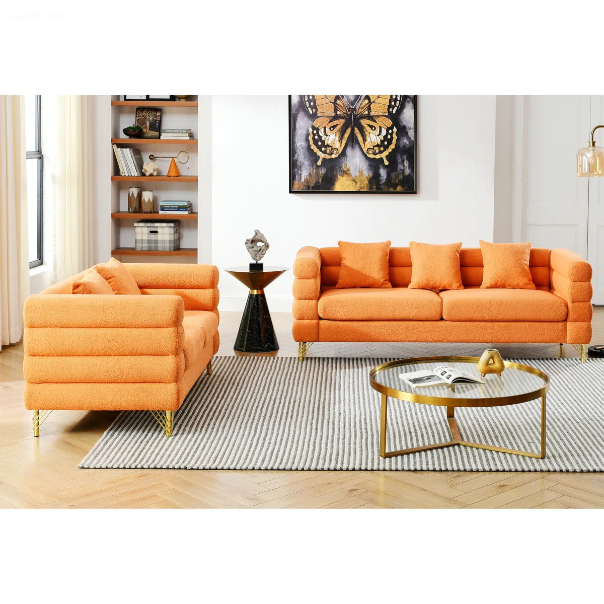 Luxury Sofa Sets: 81'' Wide 2-Piece Fabric Sofa & Loveseat Set with Toss Pillows and Gold Legs