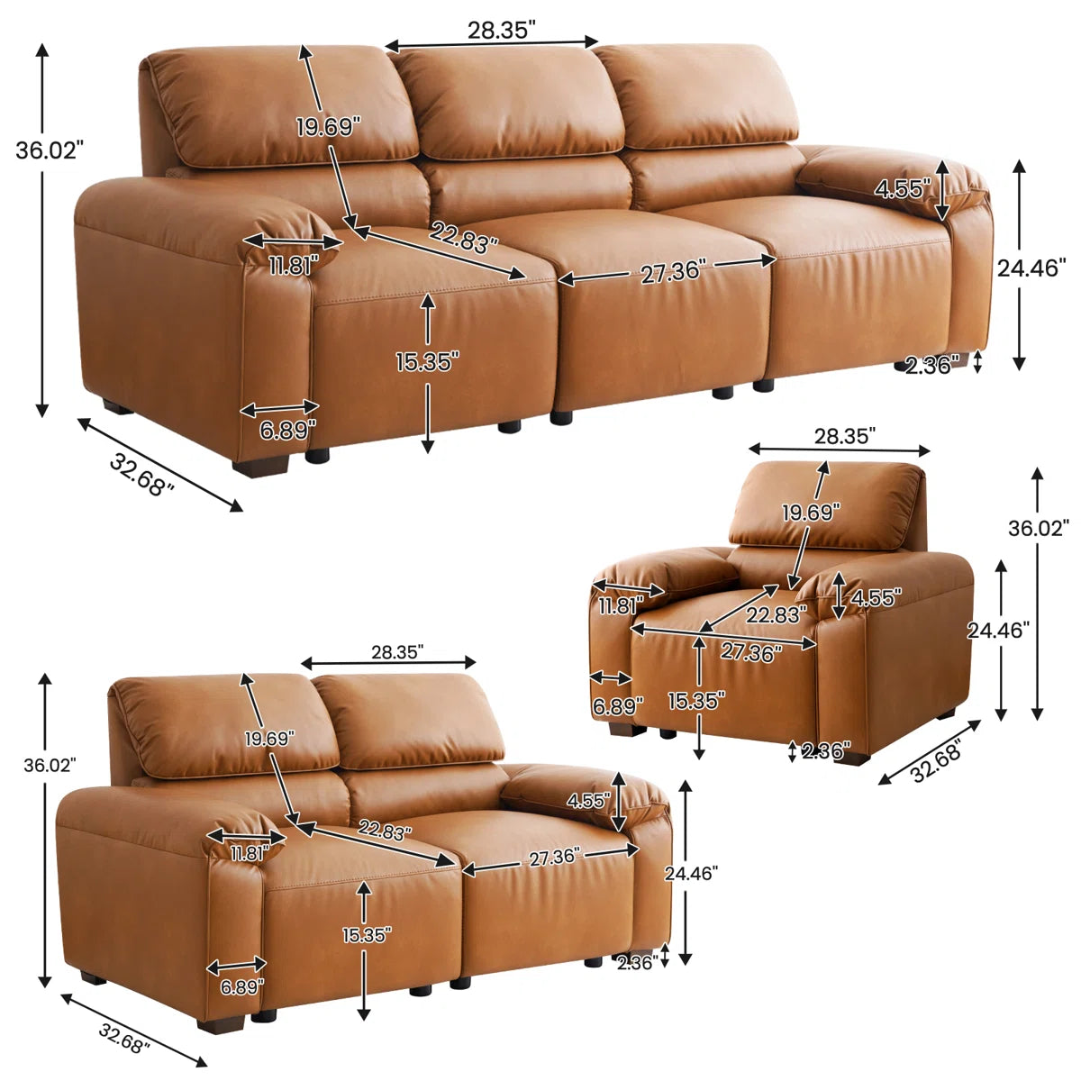 7 Seater Sofa Set: 3-Piece Faux Leather Sectional with 3-Seater Sofa