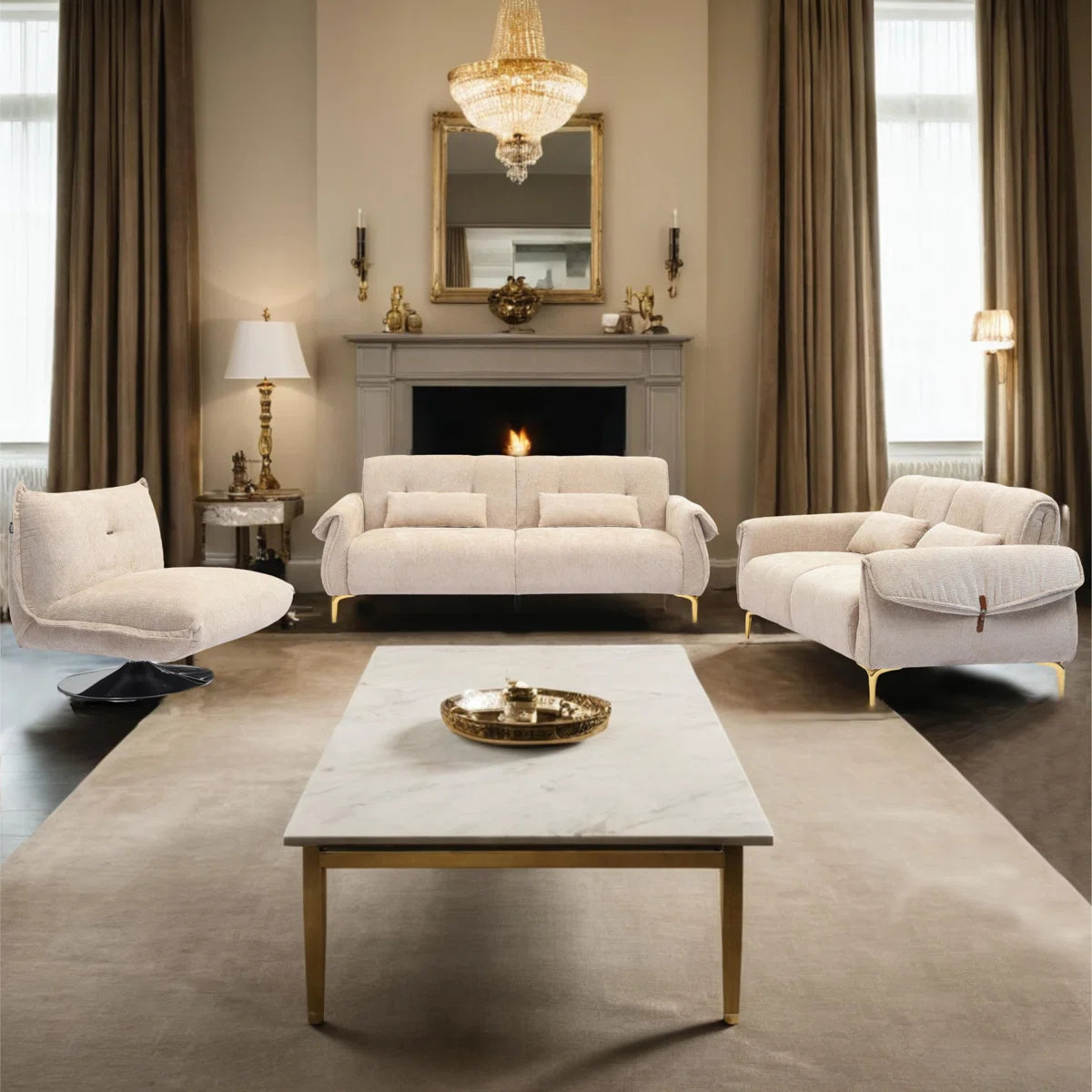 Luxury Sofa Sets: 3-Piece Swivel Chair Sofa Set in Plush Fabric with Toss Pillows
