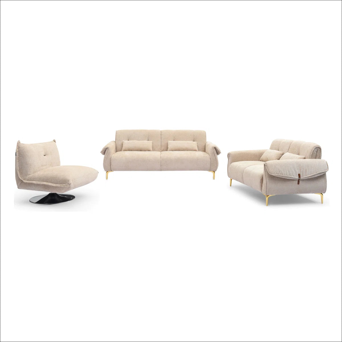 Luxury Sofa Sets: 3-Piece Swivel Chair Sofa Set in Plush Fabric with Toss Pillows