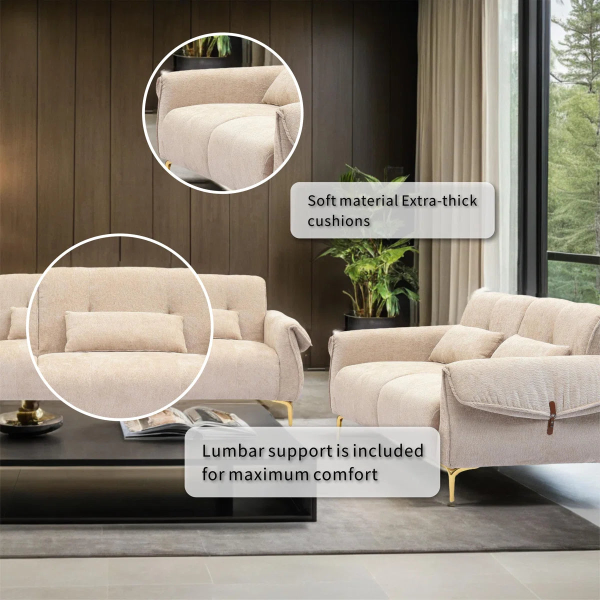Luxury Sofa Sets: 3-Piece Swivel Chair Sofa Set in Plush Fabric with Toss Pillows