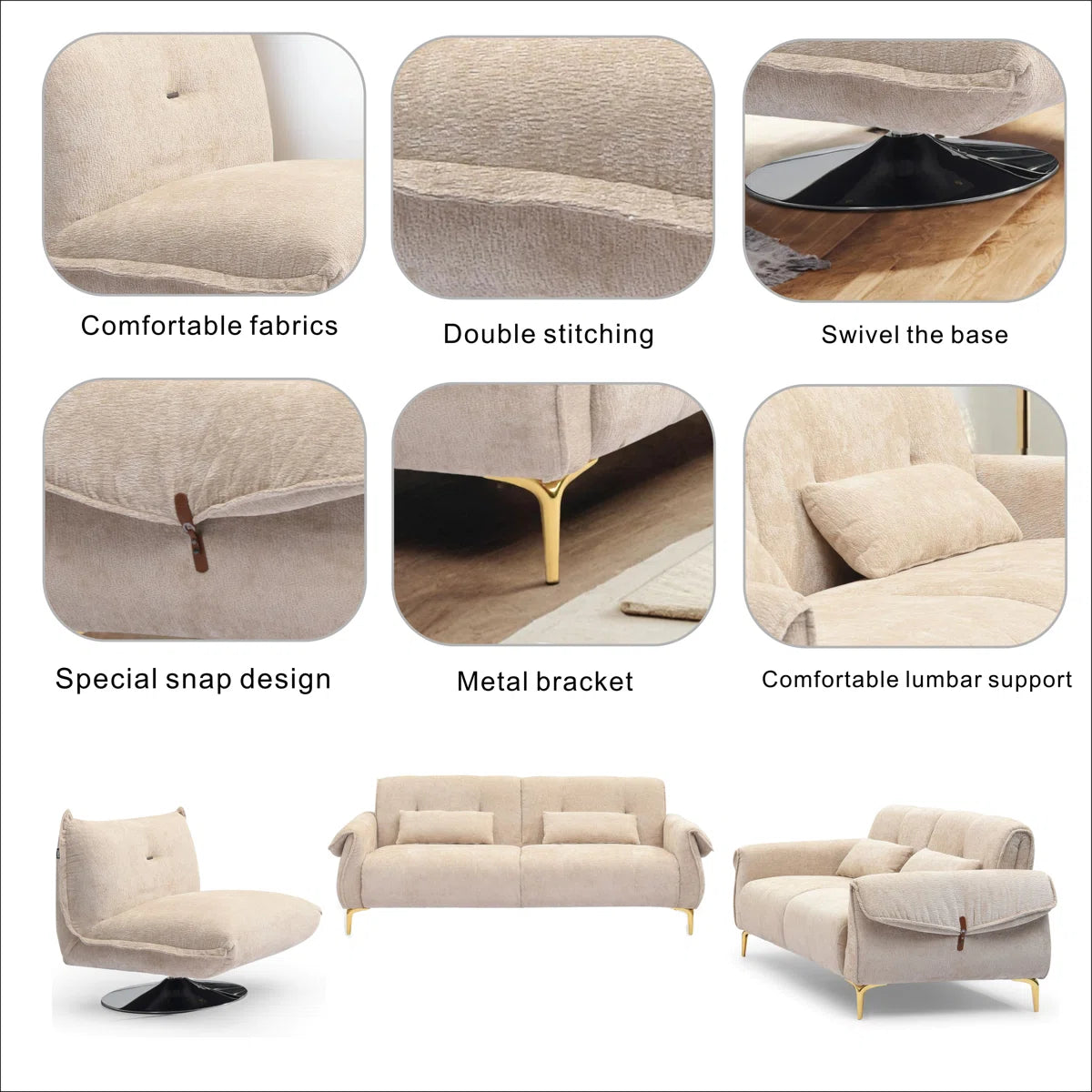 Luxury Sofa Sets: 3-Piece Swivel Chair Sofa Set in Plush Fabric with Toss Pillows