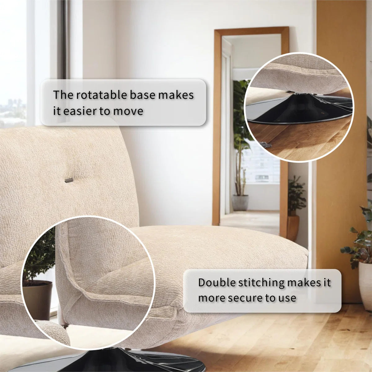 Luxury Sofa Sets: 3-Piece Swivel Chair Sofa Set in Plush Fabric with Toss Pillows