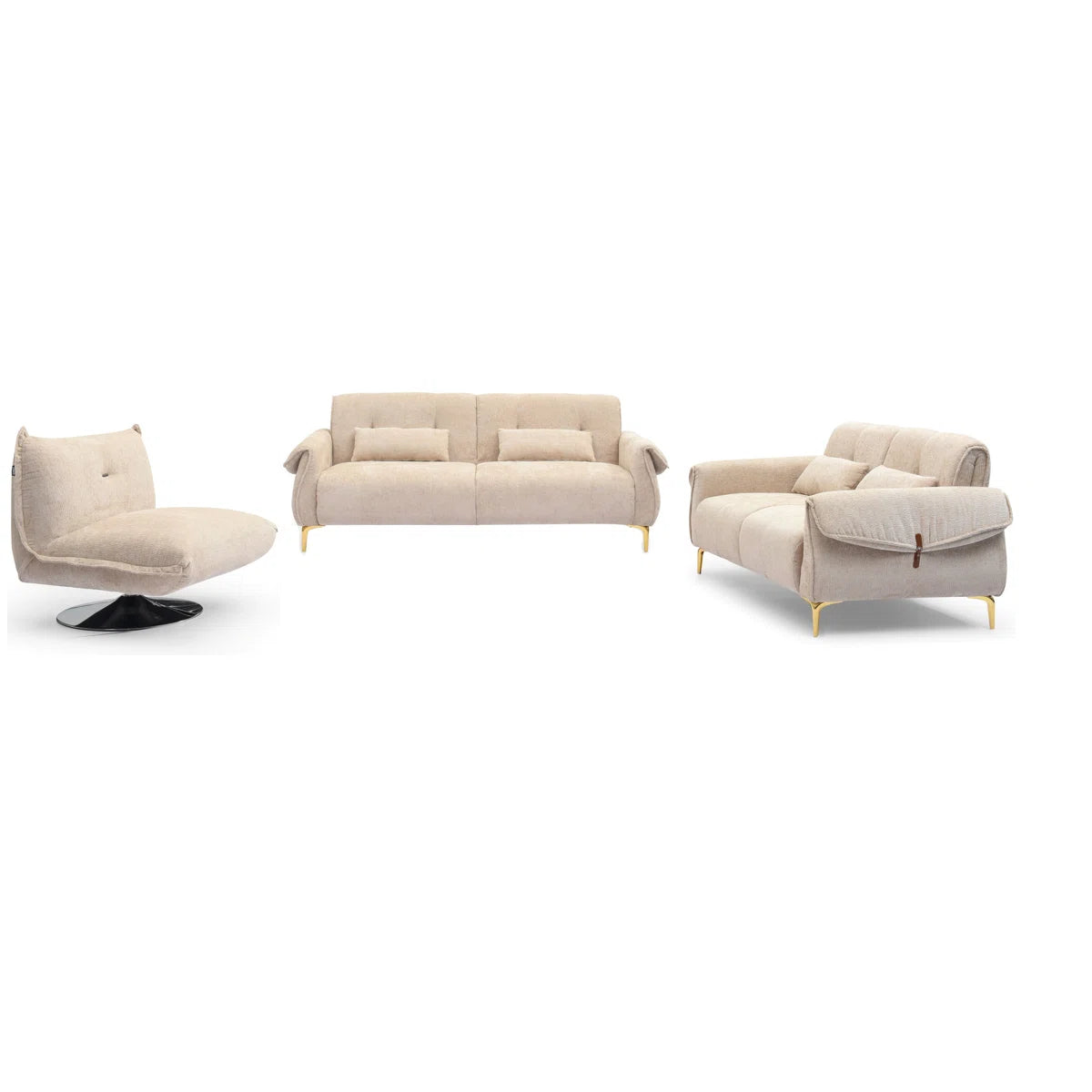 Luxury Sofa Sets: 3-Piece Swivel Chair Sofa Set in Plush Fabric with Toss Pillows