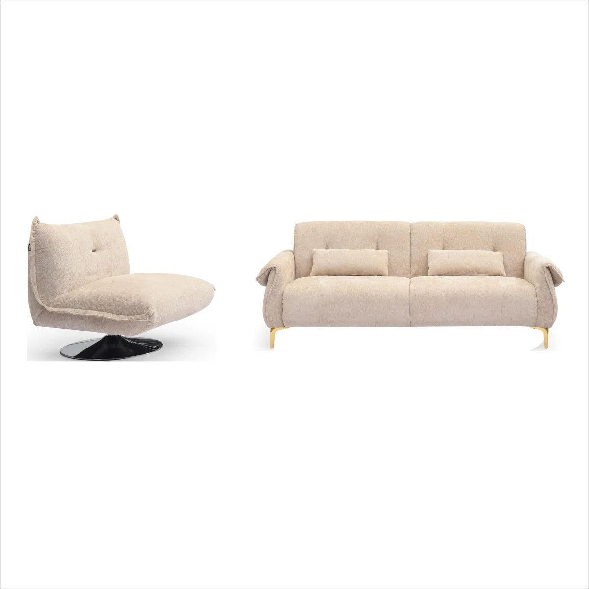 Luxury Sofa Sets: 3-Piece Swivel Chair Sofa Set in Plush Fabric with Toss Pillows