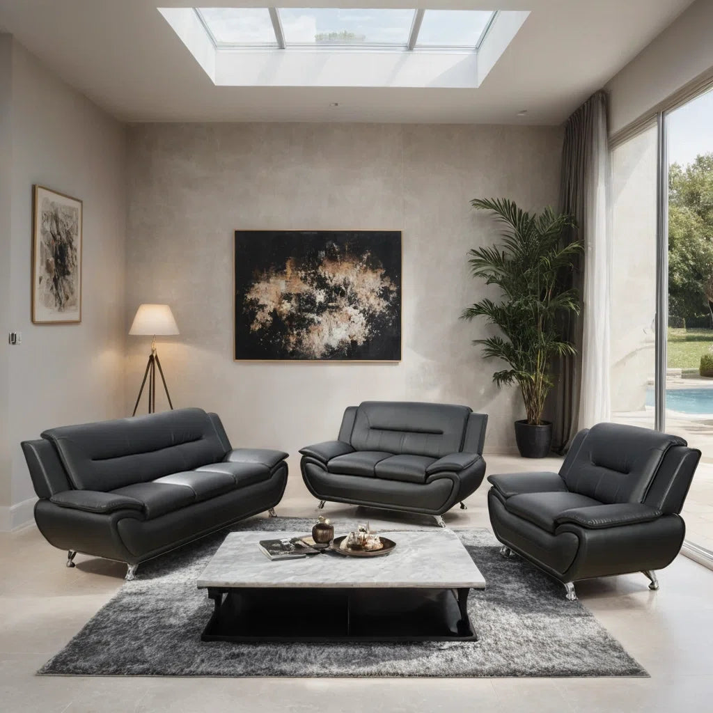 Luxury Sofa Sets: 3-Piece Faux Leather Sofa Set with Chair, Loveseat & Sofa in Modern Chrome Finish