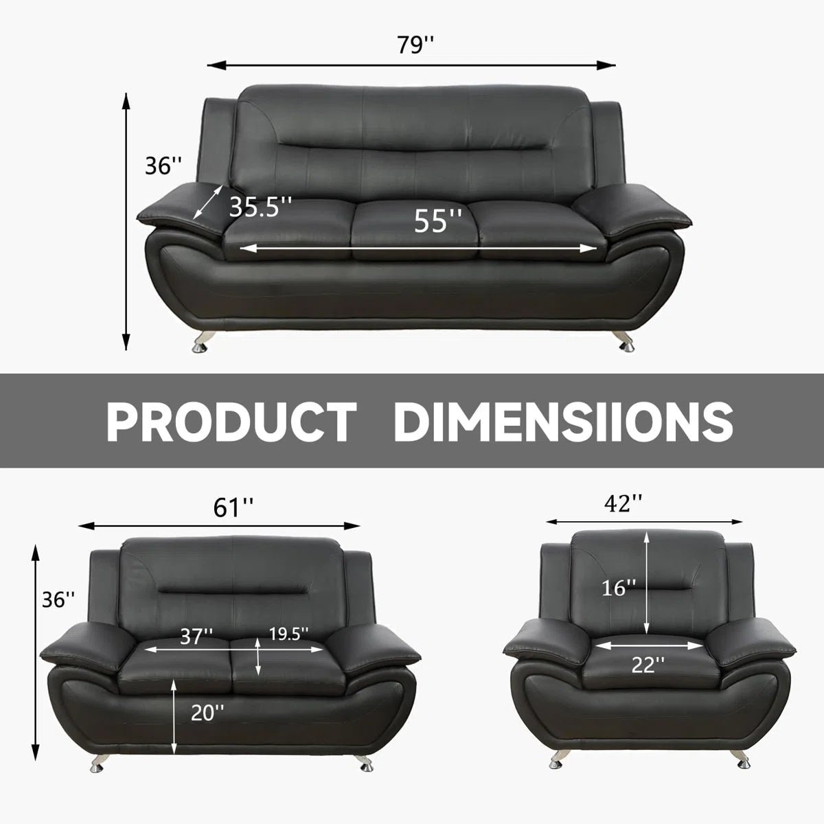 Luxury Sofa Sets: 3-Piece Faux Leather Sofa Set with Chair, Loveseat & Sofa in Modern Chrome Finish