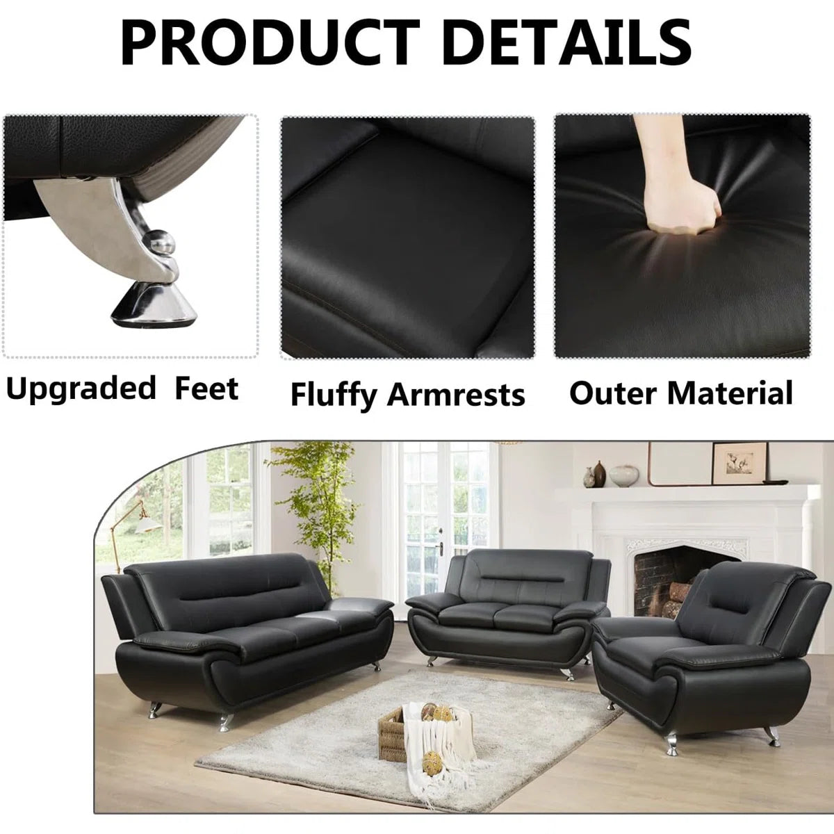 Luxury Sofa Sets: 3-Piece Faux Leather Sofa Set with Chair, Loveseat & Sofa in Modern Chrome Finish