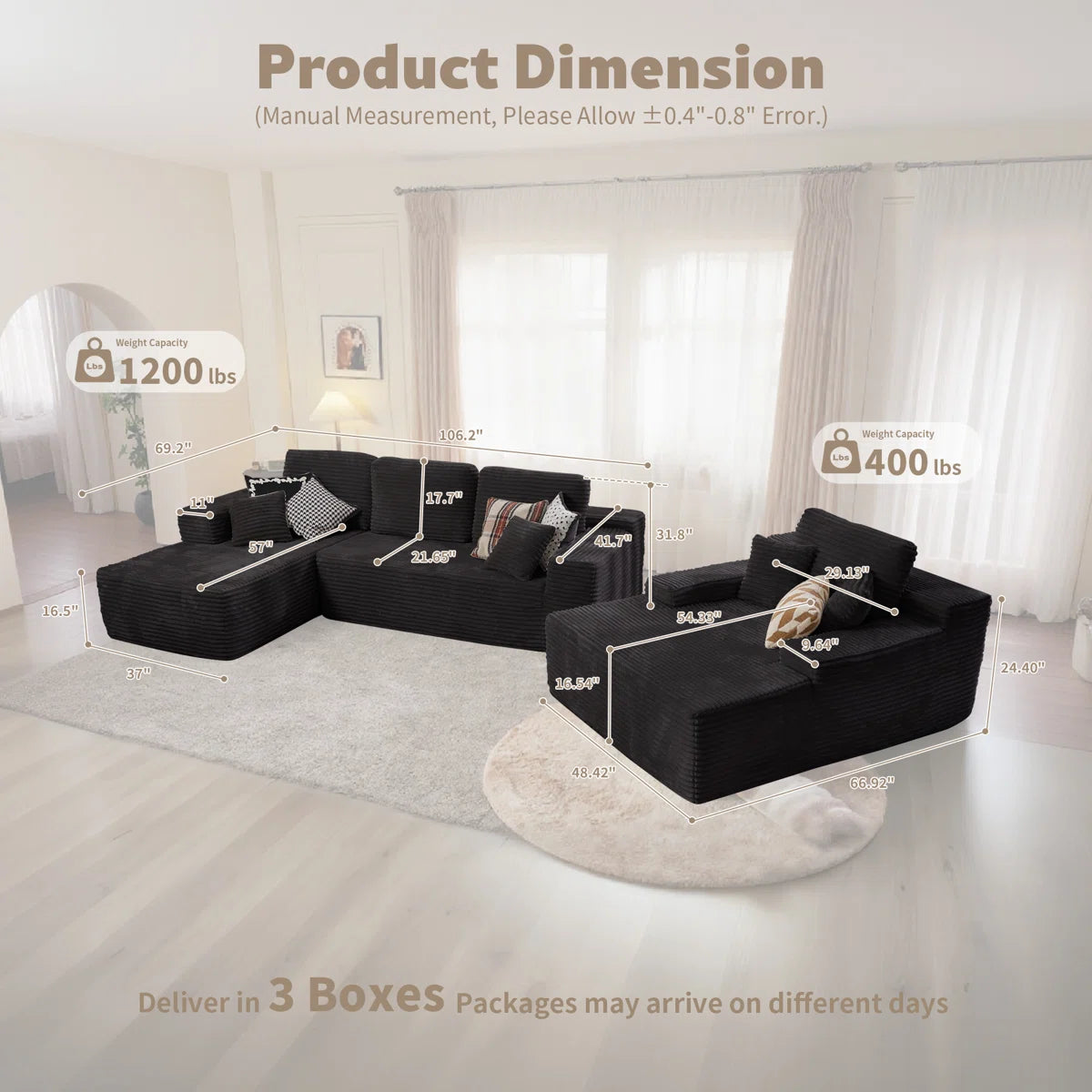 Luxury Sofa Sets: 3-Piece Modular Corduroy Sofa Set with Sleeper, Chaise Lounge & Chair
