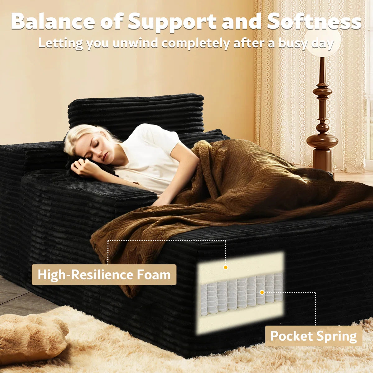 Luxury Sofa Sets: 3-Piece Modular Corduroy Sofa Set with Sleeper, Chaise Lounge & Chair