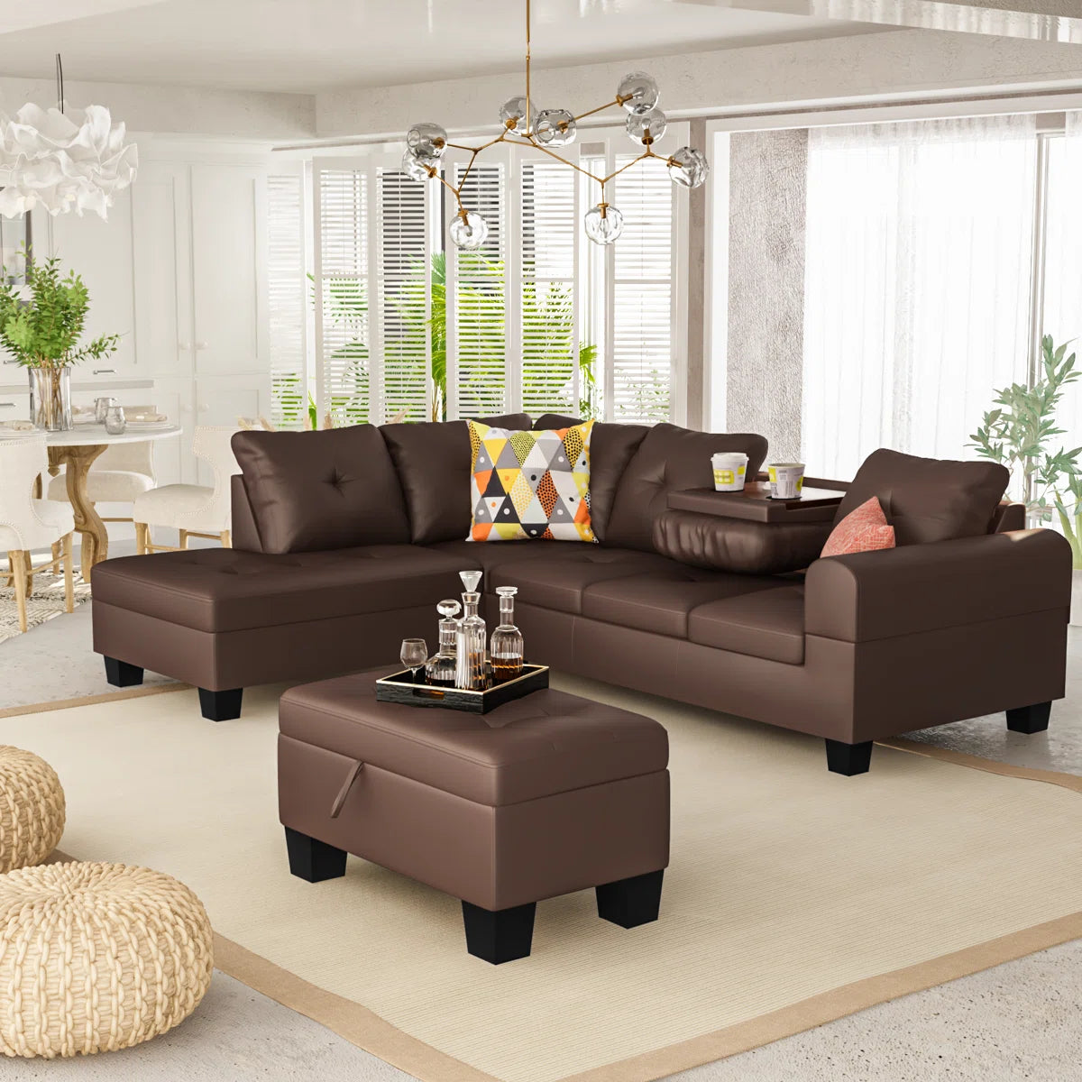 7 Seater Sofa Set: 3-Piece PU Leather Sectional with Chaise