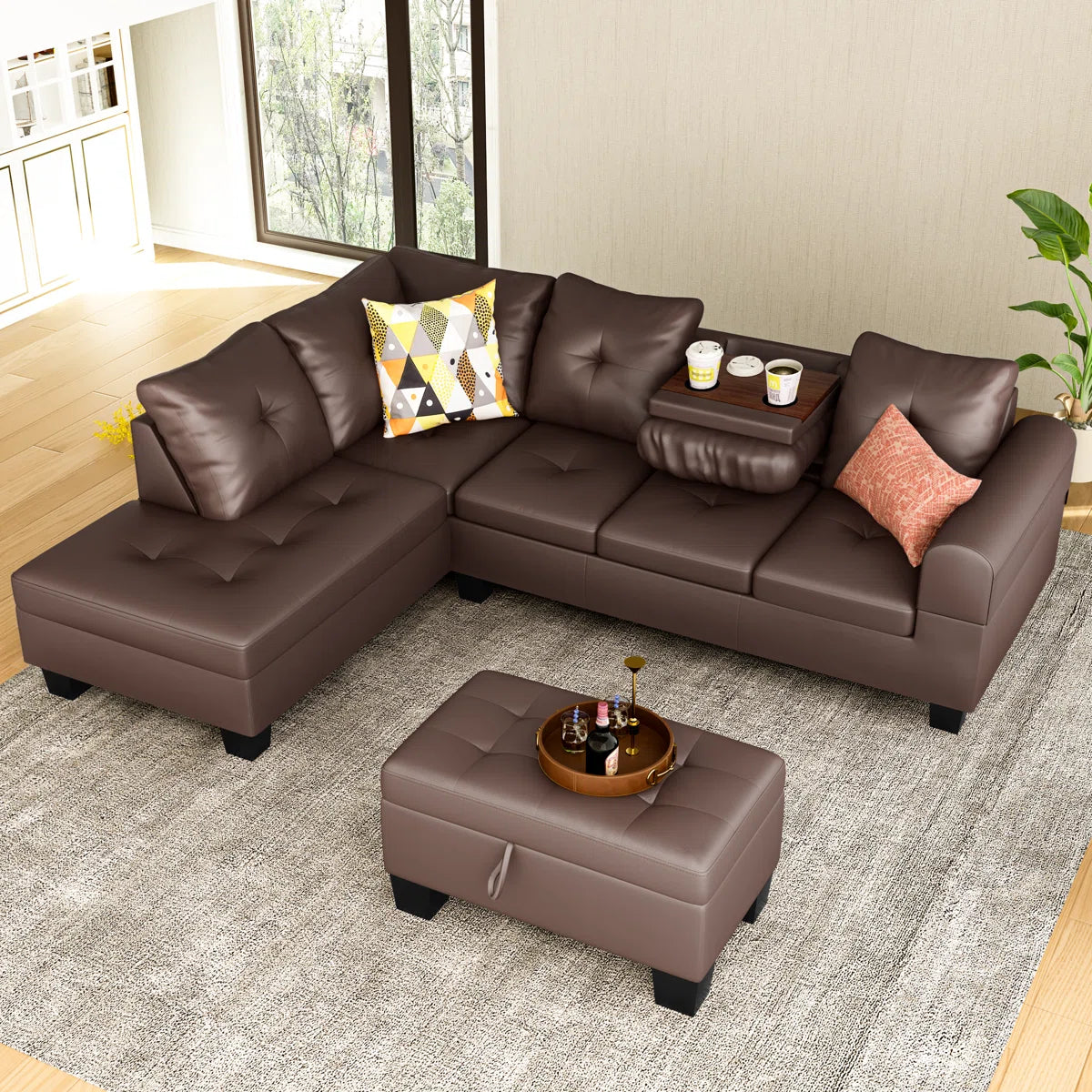 7 Seater Sofa Set: 3-Piece PU Leather Sectional with Chaise