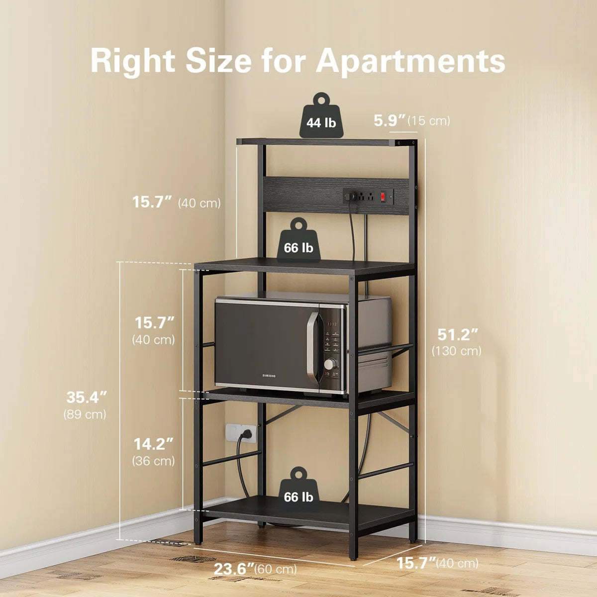 Kitchen Rack: 3-Power Outlets with Baker's Rack, 4-Tier Storage with Microwave Stand, Freestanding Kitchen Shelf Stand