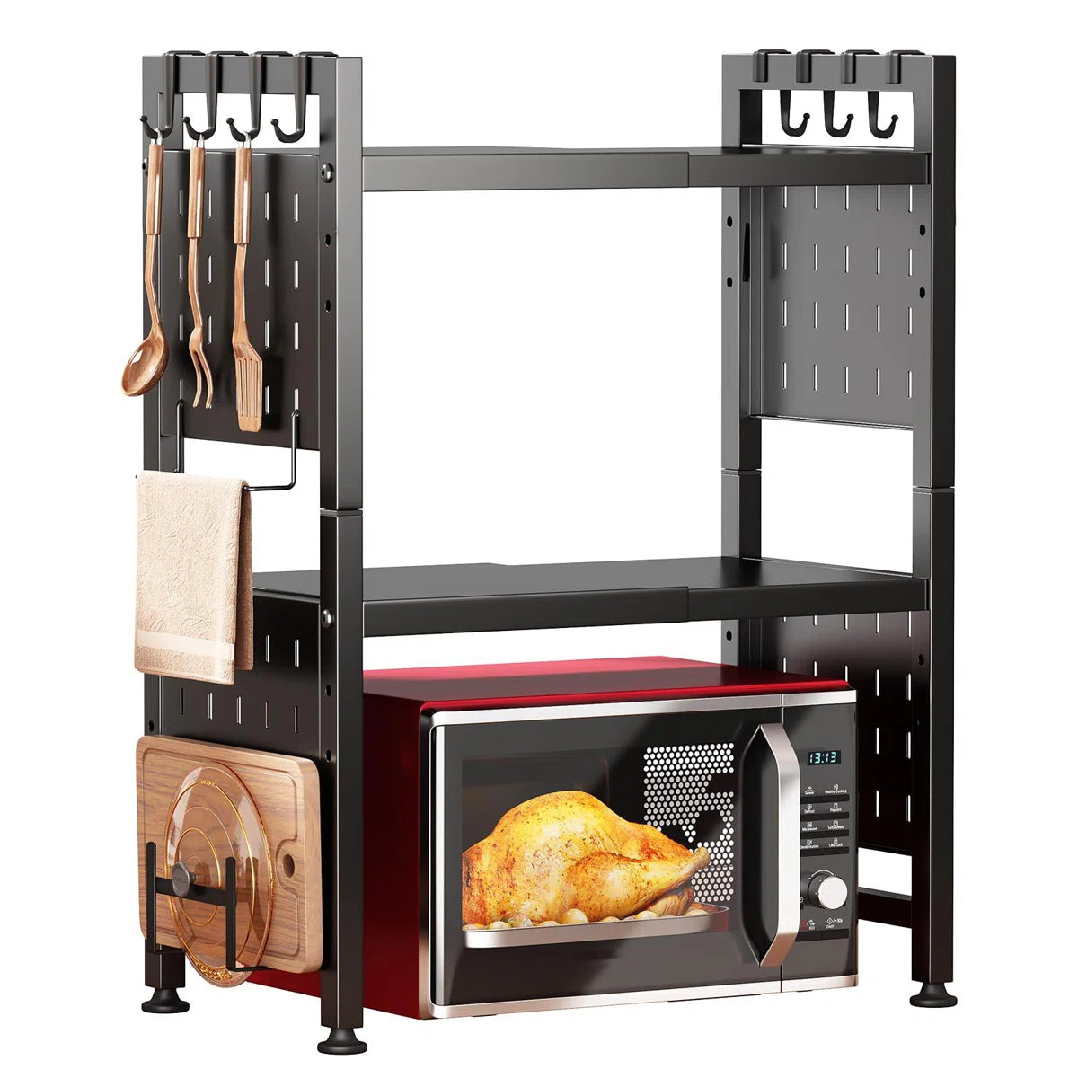 Kitchen Rack: 3-Tier Heavy-Duty Microwave Oven Rack Shelf with 9 Hooks for Kitchen Shelves Counter Top Organizer