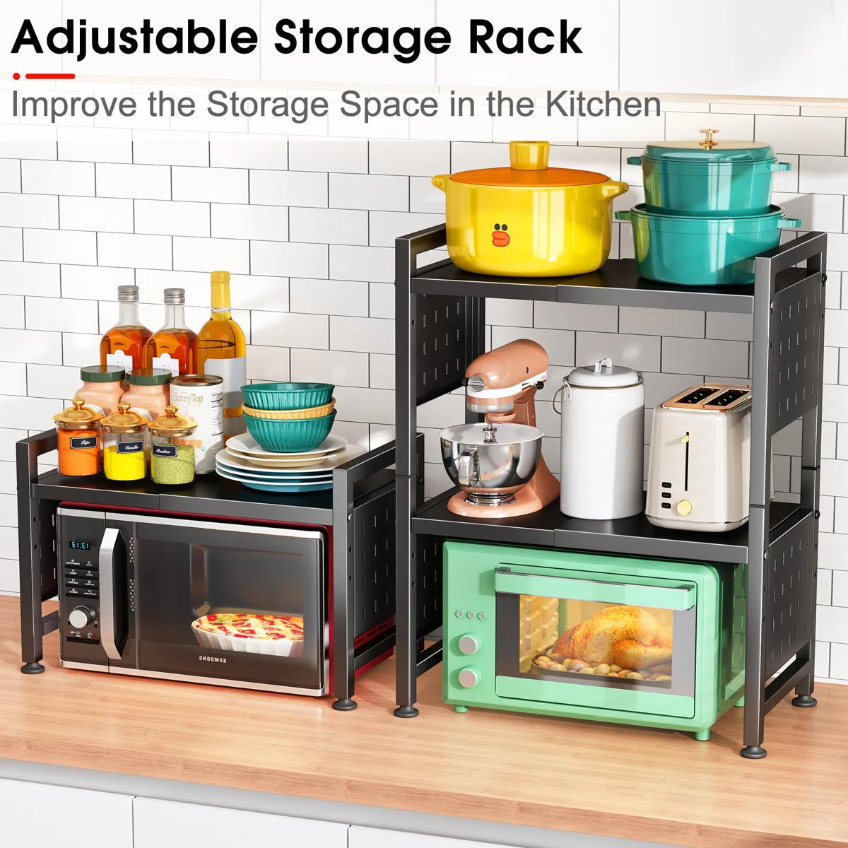 Kitchen Rack: 3-Tier Heavy-Duty Microwave Oven Rack Shelf with 9 Hooks for Kitchen Shelves Counter Top Organizer
