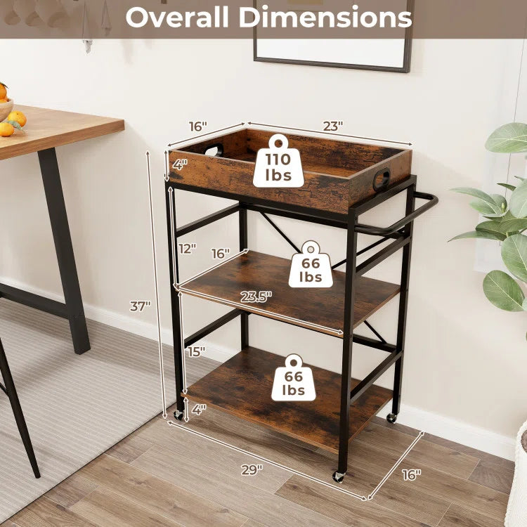 Kitchen Rack: 3-Tier Kitchen Industrial Bar Cart with Detachable Tray