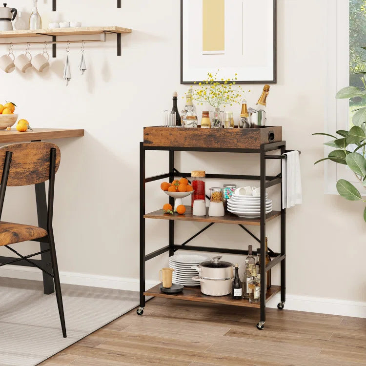 Kitchen Rack: 3-Tier Kitchen Industrial Bar Cart with Detachable Tray