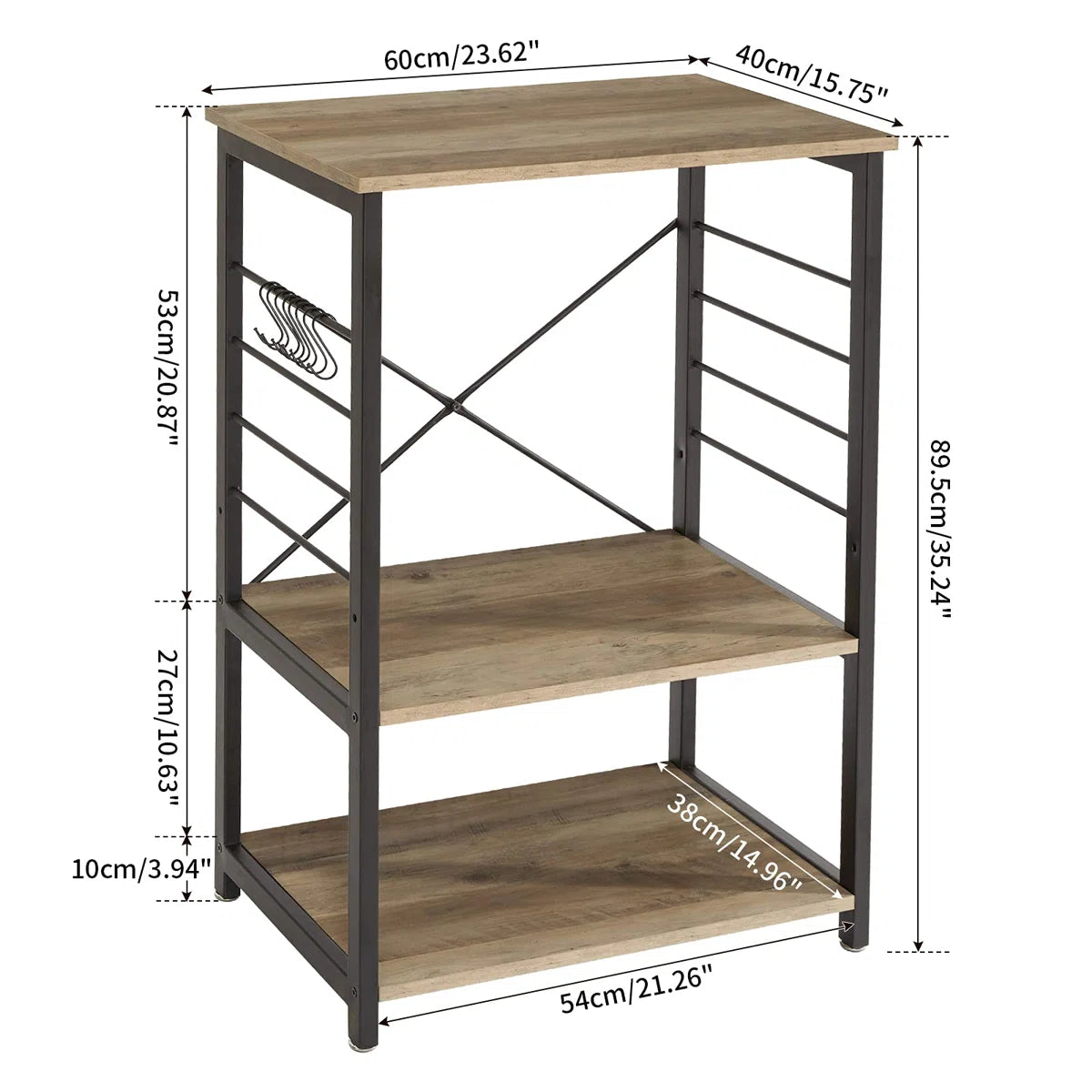 Kitchen Rack: 3-Tier Microwave Oven Stand with Metal Frame and 6 Hooks