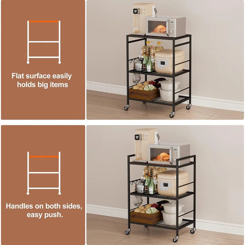 Kitchen Racks: 3-Tier kitchen cart with movable shelves for storing microwaves