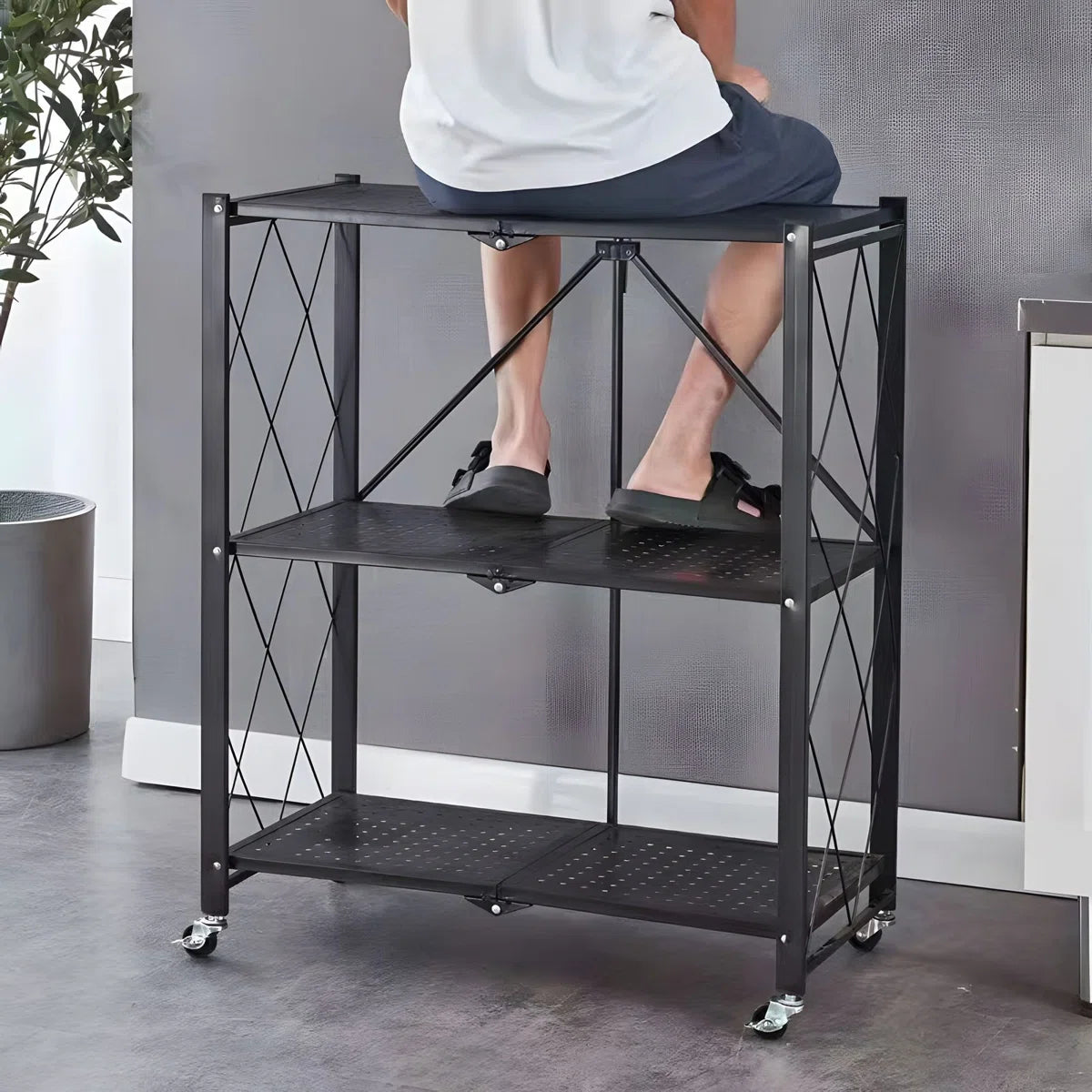Kitchen Racks: 3-Tier metal shelving unit with X-side frames for storage