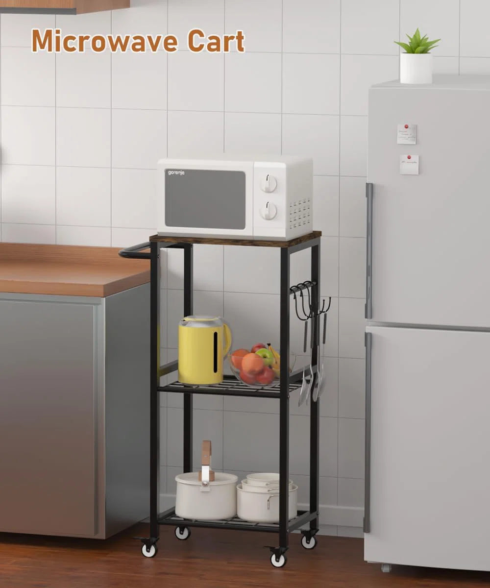 Kitchen Racks: 3-Tier rolling kitchen cart with metal handle, microwave stand on wheels, and movable coffee bar cart