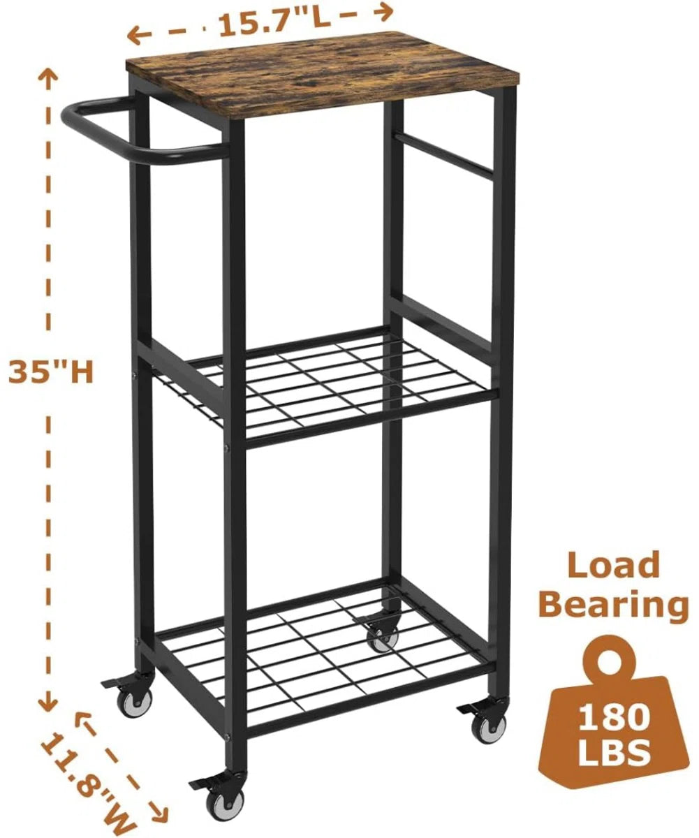 Kitchen Racks: 3-Tier rolling kitchen cart with metal handle, microwave stand on wheels, and movable coffee bar cart